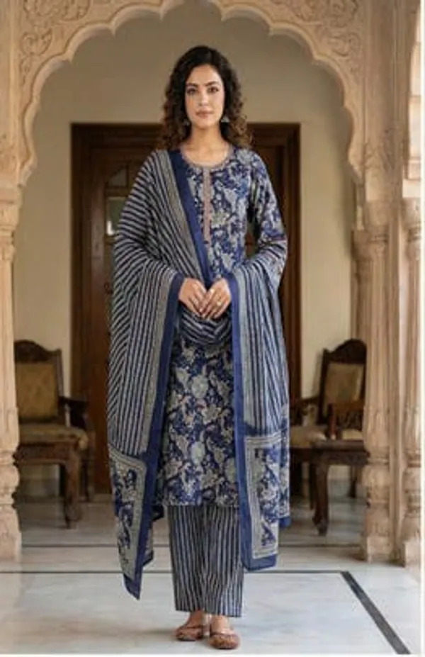 Blue_Printed_Cotton_Straight_Kurta_Pant_Dupatta_Set_For_Women