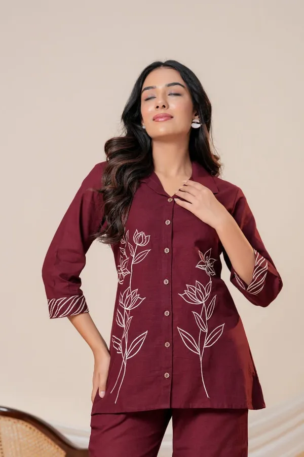 Maroon_Floral_Embroidered_Shirt_Style_Co_Ord_Set_For_Women