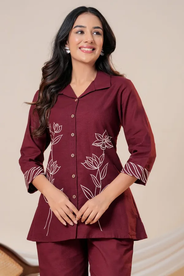 Maroon_Floral_Embroidered_Shirt_Style_Co_Ord_Set_For_Women