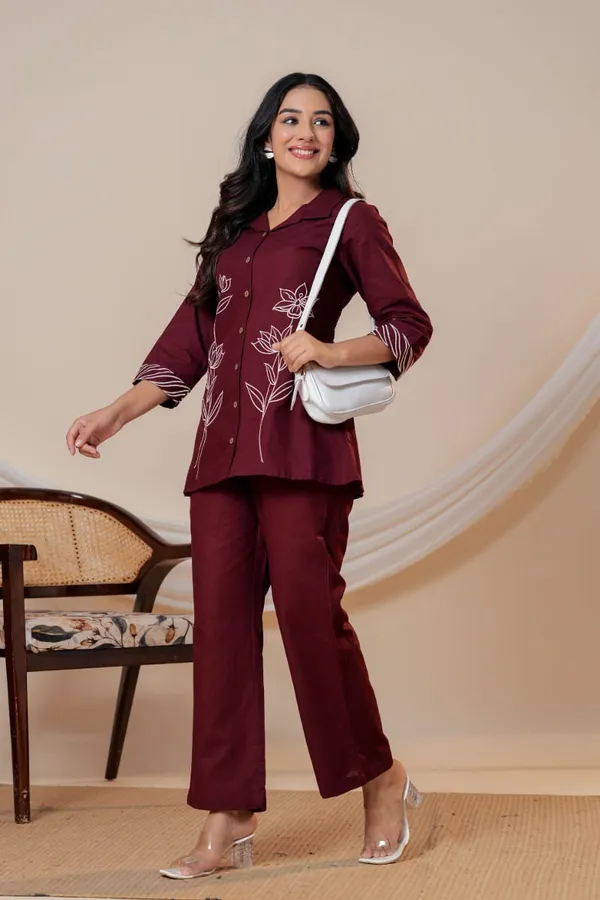 Maroon_Floral_Embroidered_Shirt_Style_Co_Ord_Set_For_Women