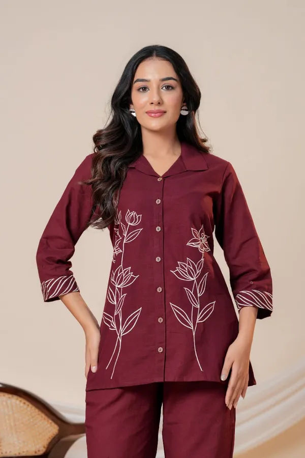 Maroon_Floral_Embroidered_Shirt_Style_Co_Ord_Set_For_Women