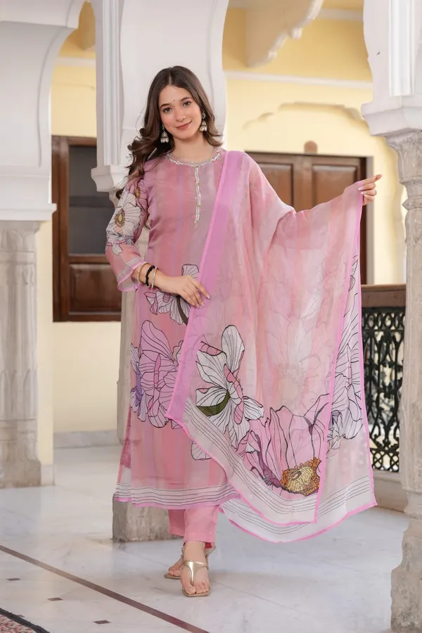 Pink_Floral_Print_Organza_Straight_Kurta_Pant_Dupatta_Set_For_Women