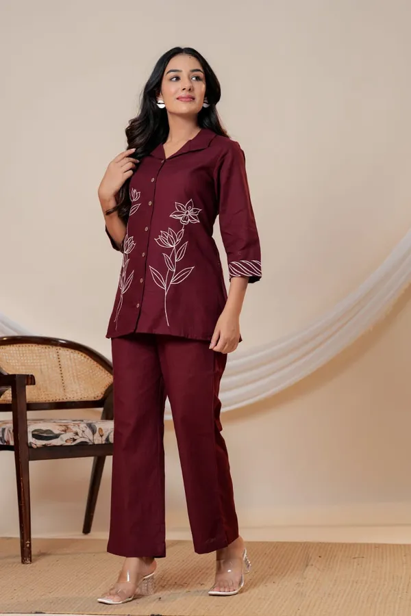 Maroon_Floral_Embroidered_Shirt_Style_Co_Ord_Set_For_Women