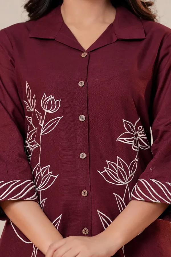 Maroon_Floral_Embroidered_Shirt_Style_Co_Ord_Set_For_Women