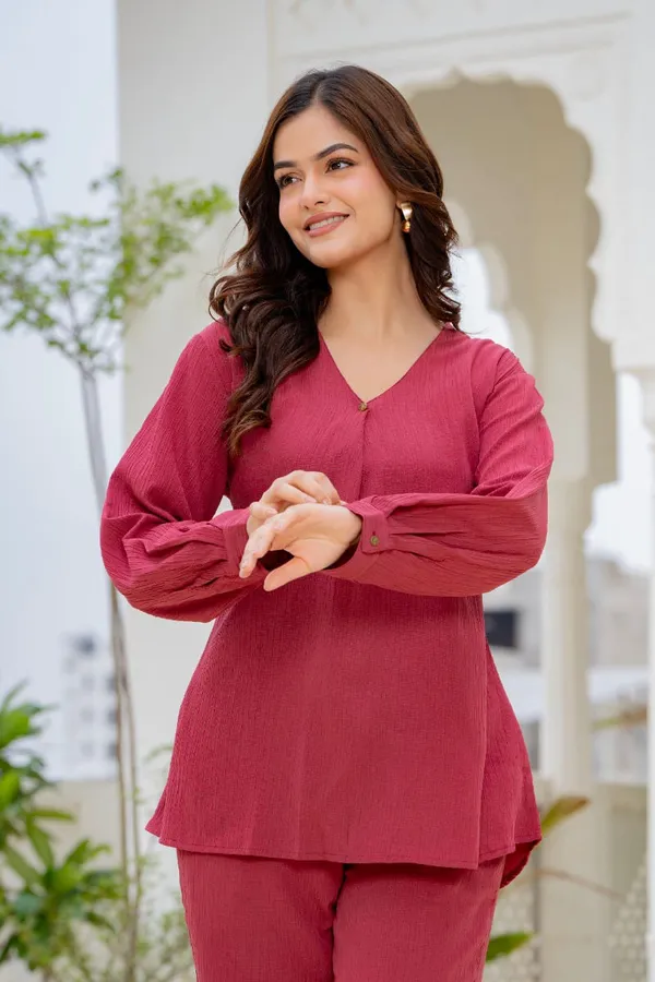 Maroon_Textured_Relaxed_Fit_Co_Ord_Set_For_Women