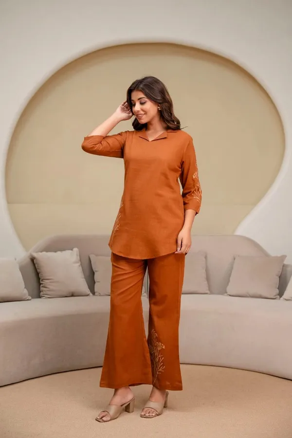 Rust_Embroidered_Kurta_Set_For_Women