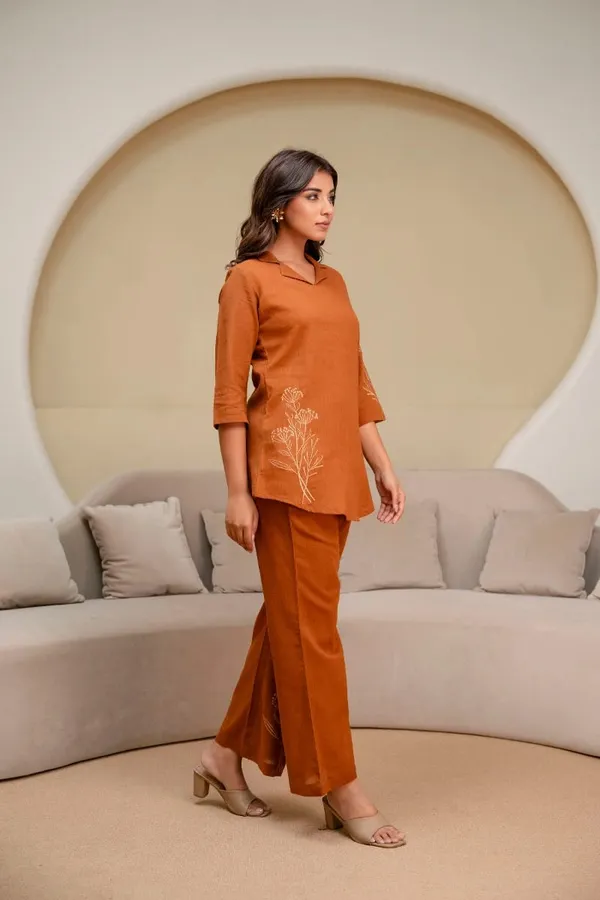 Rust_Embroidered_Kurta_Set_For_Women
