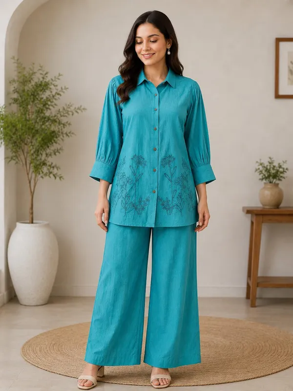 Teal_Embroidered_Mal_Chanderi_Straight_Shirt_Palazzo_Co_Ord_Set_For_Women