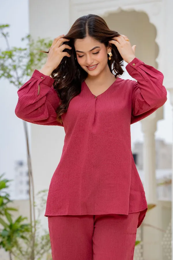 Maroon_Textured_Relaxed_Fit_Co_Ord_Set_For_Women