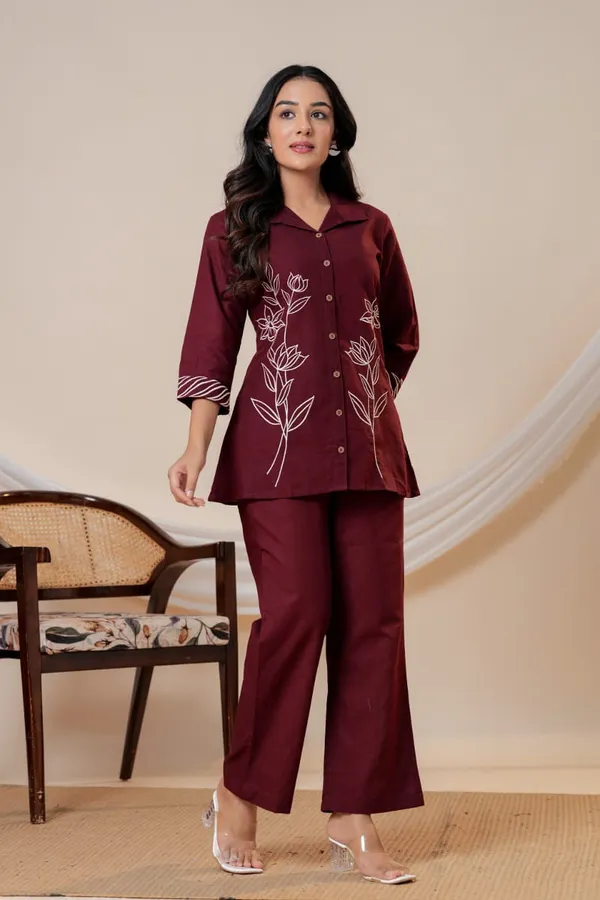 Maroon_Floral_Embroidered_Shirt_Style_Co_Ord_Set_For_Women