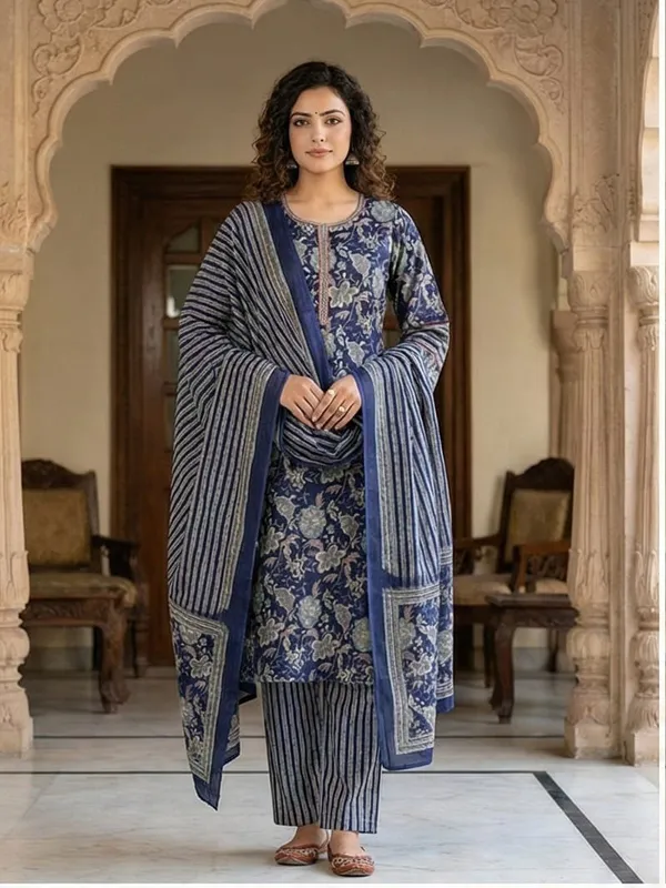 Blue_Printed_Cotton_Straight_Kurta_Pant_Dupatta_Set_For_Women