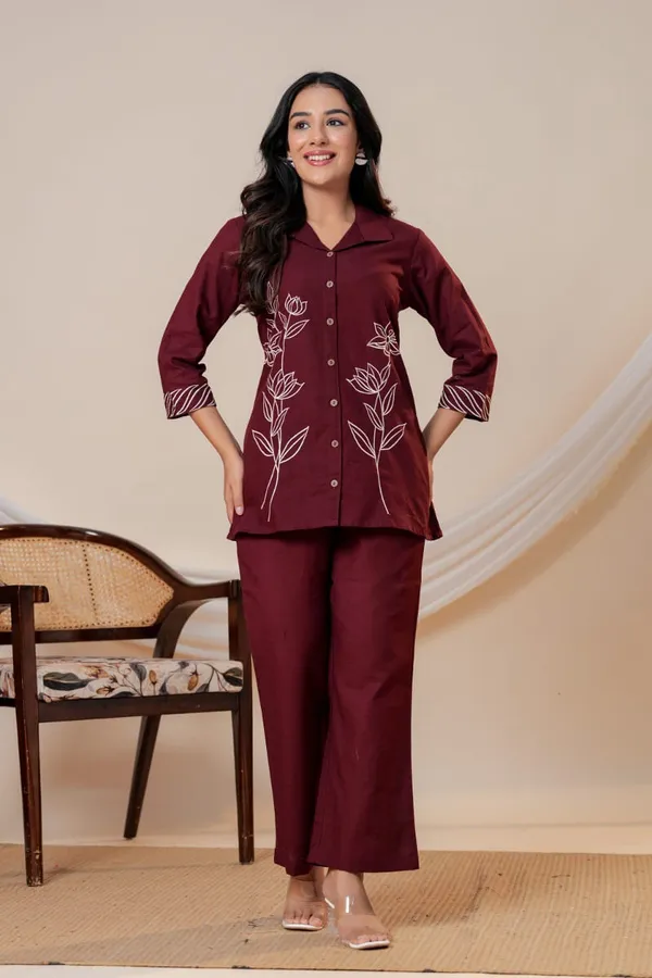Maroon_Floral_Embroidered_Shirt_Style_Co_Ord_Set_For_Women