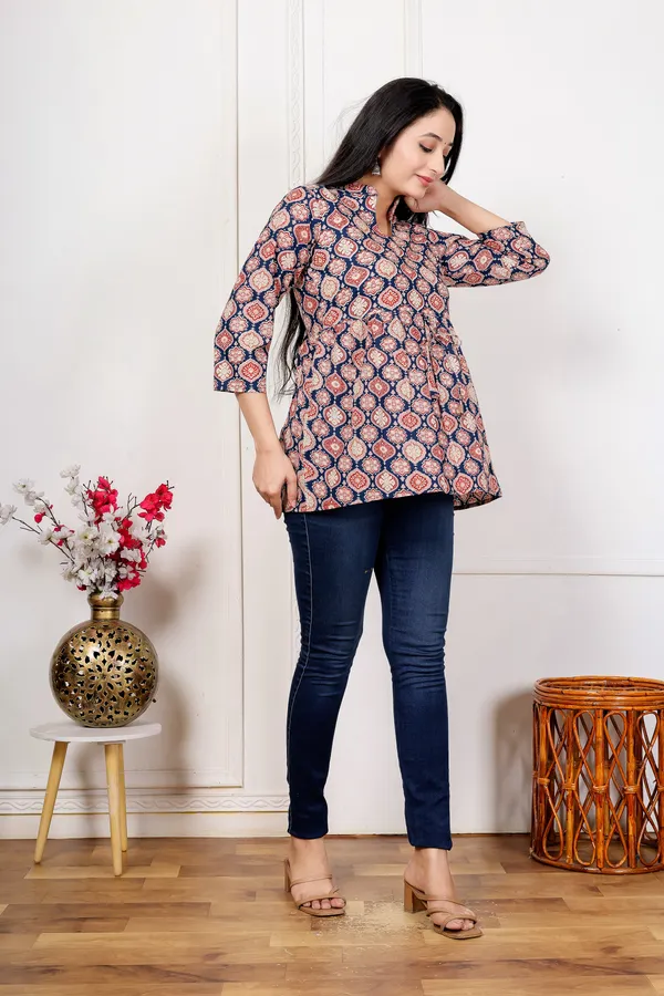 Navy_Printed_Flared_Kurti_For_Women