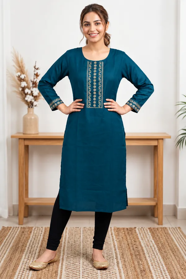 Teal_Embroidered_Straight_Kurta_For_Women