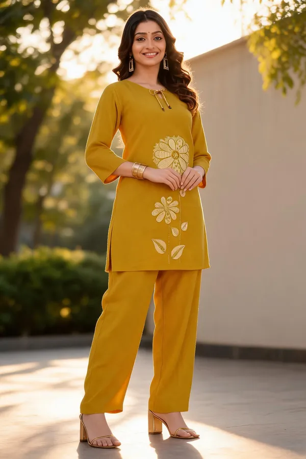 Mustard_Cotton_Kurta_Pant_Set_For_Women