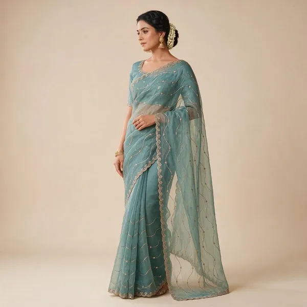 Blue_Organza_Embroidered_Saree_For_Women