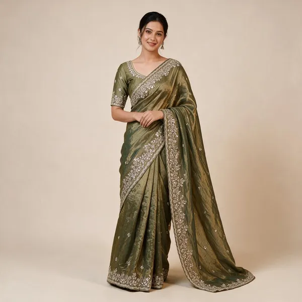 Olive_Green_Organza_Embroidered_Saree_For_Women