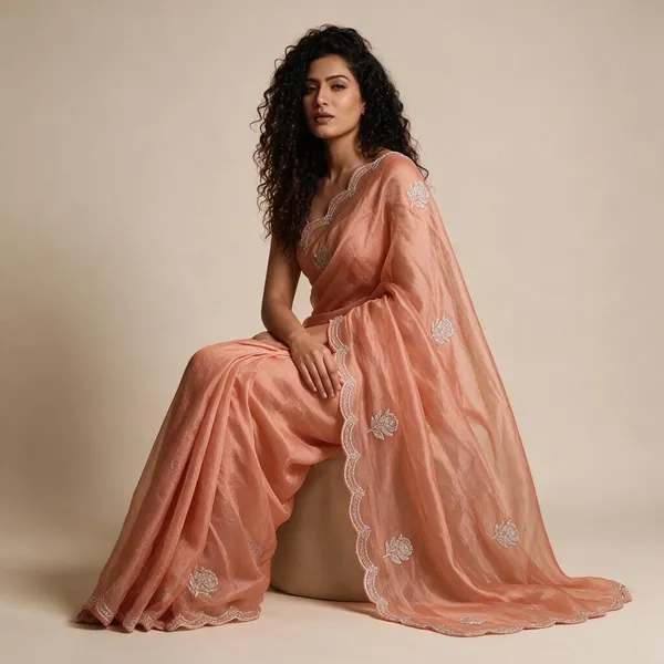 Peach_Organza_Floral_Embroidered_Saree_For_Women
