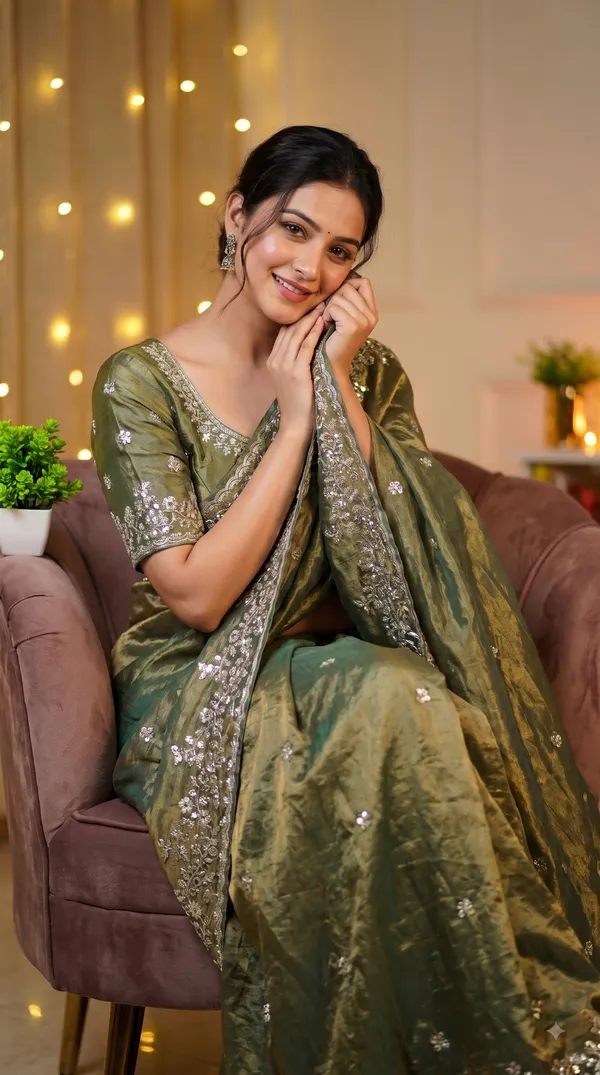 Olive_Green_Organza_Embroidered_Saree_For_Women
