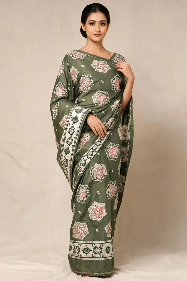 Olive_Green_Silk_Printed_Saree_For_Women