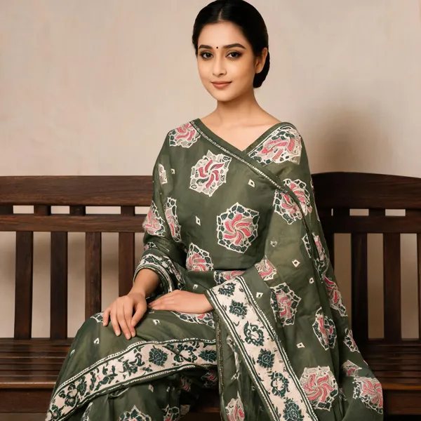 Olive_Green_Silk_Printed_Saree_For_Women