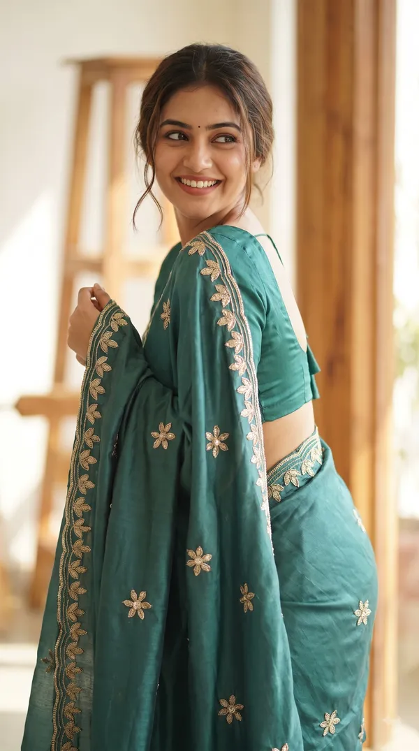 Teal_Silk_Floral_Embroidered_Saree_For_Women