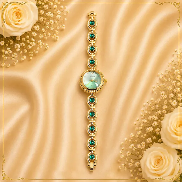 Gold_Green_Stone_Analog_Bracelet_Watch_For_Women