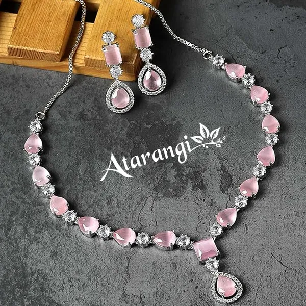 Pink_Alloy_Floral_Necklace_And_Earrings_Set_For_Women
