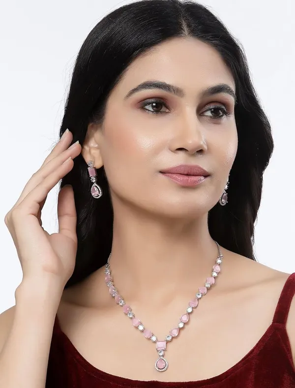 Pink_Alloy_Floral_Necklace_And_Earrings_Set_For_Women