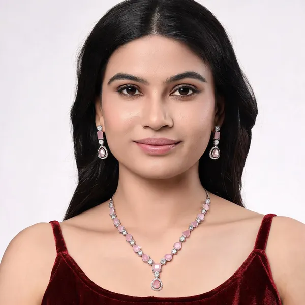 Pink_Alloy_Floral_Necklace_And_Earrings_Set_For_Women