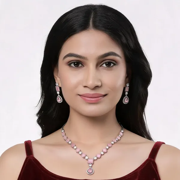 Pink_Alloy_Floral_Necklace_And_Earrings_Set_For_Women