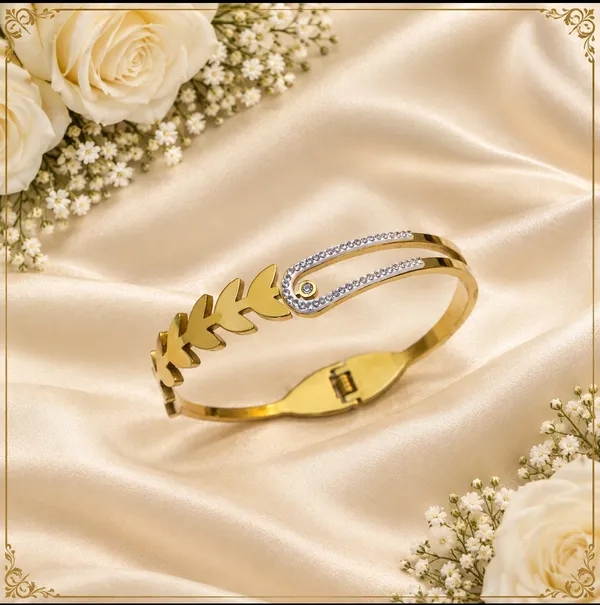 Gold_Stainless_Steel_Rhinestone_Leaf_Cuff_Bangle_For_Women