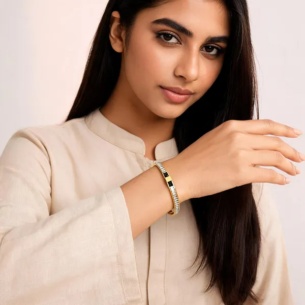 Gold_Black_Stainless_Steel_Stone_Accent_Bangle_For_Women
