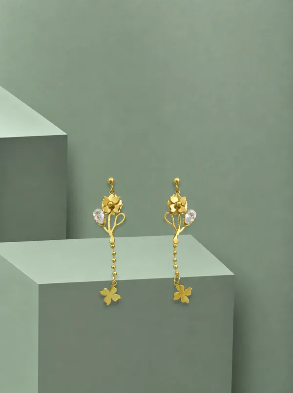 Gold_Stainless_Steel_Floral_Clover_Charm_Drop_Earrings_For_Women