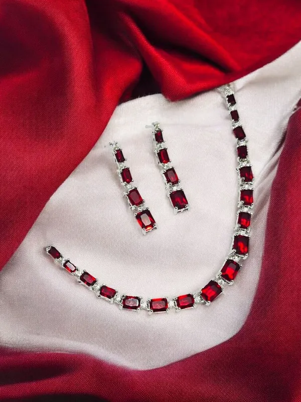 Red_Rectangular_Stone_Silver-Tone_Necklace_And_Earrings_Set_For_Women