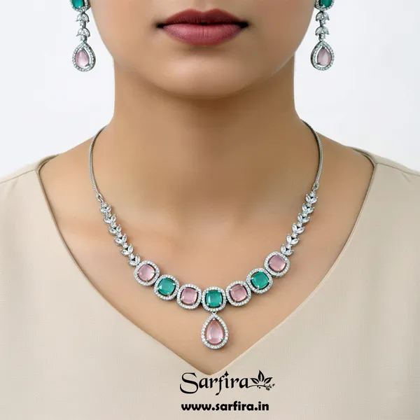Multicolour_Alloy_Stone_Necklace_And_Earrings_Set_For_Women