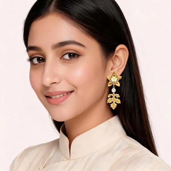 Gold_Tone_Floral_Leaf_Drop_Earrings_For_Women