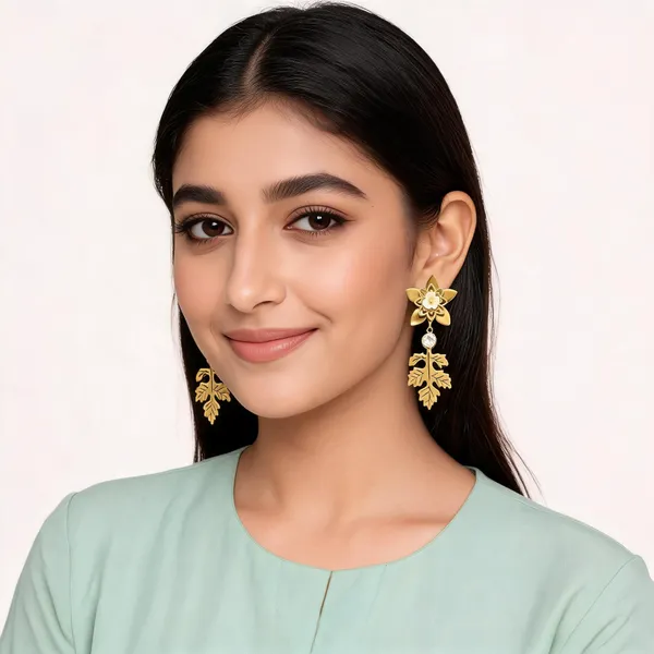 Gold_Tone_Floral_Leaf_Drop_Earrings_For_Women