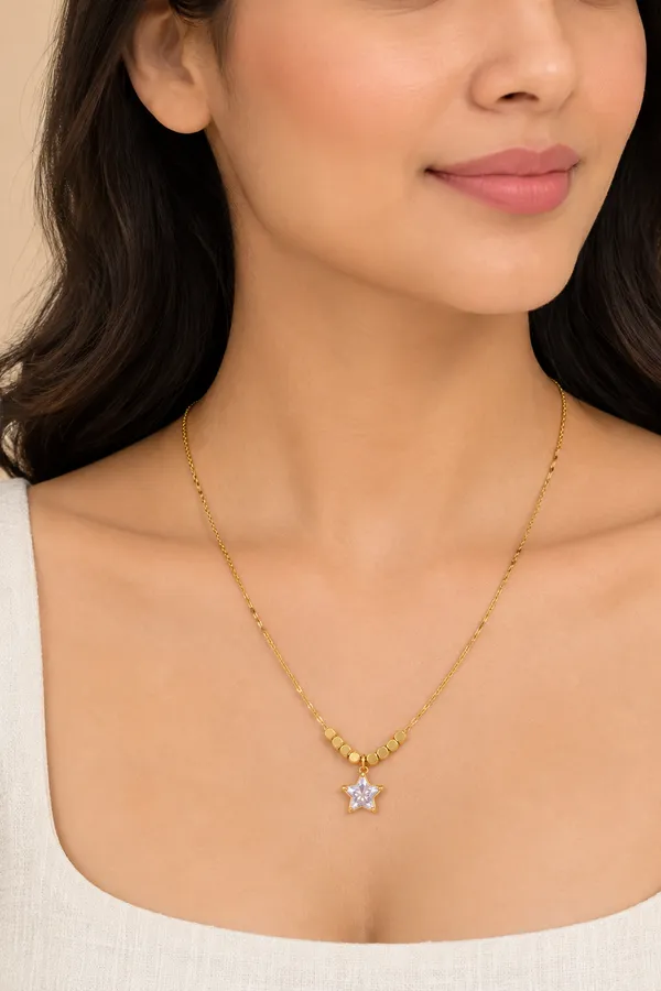 Gold_Tone_Star_Pendant_Beaded_Necklace_For_Women