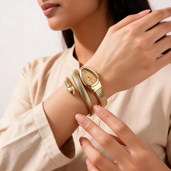 Gold_Stainless_Steel_Coil_Analog_Bangle_Watch_For_Women