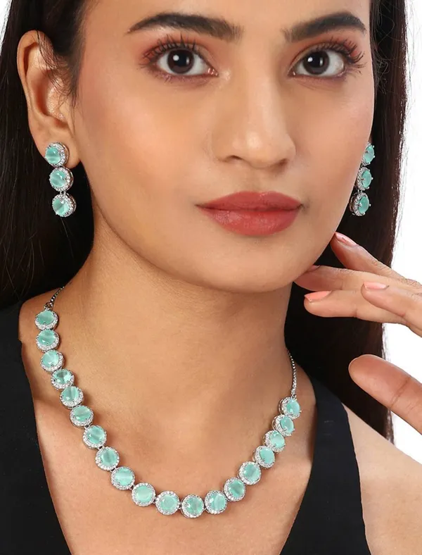 Mint_Green_Alloy_Stone_Necklace_And_Earrings_Set_For_Women