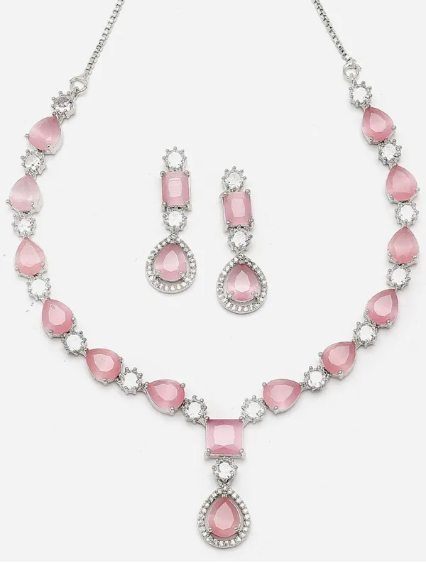 Pink_Alloy_Floral_Necklace_And_Earrings_Set_For_Women