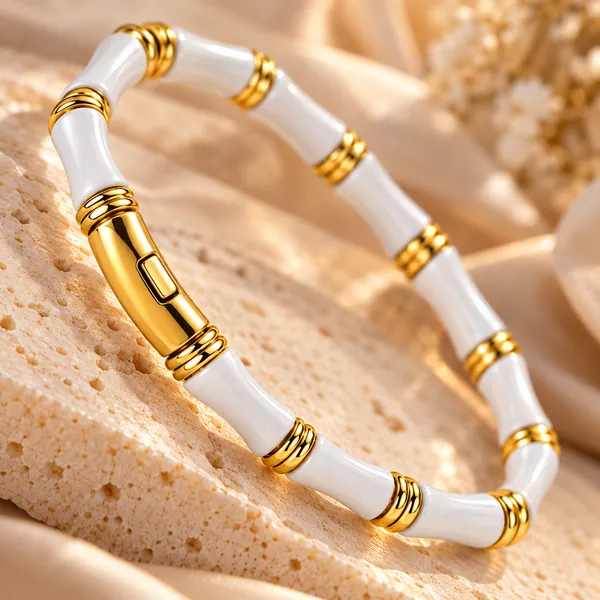 White_Gold-Tone_Ceramic_Cylindrical_Bracelet_For_Women