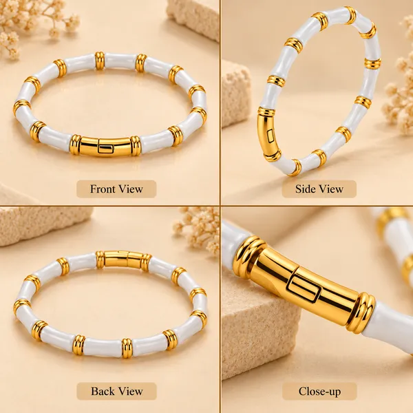 White_Gold-Tone_Ceramic_Cylindrical_Bracelet_For_Women