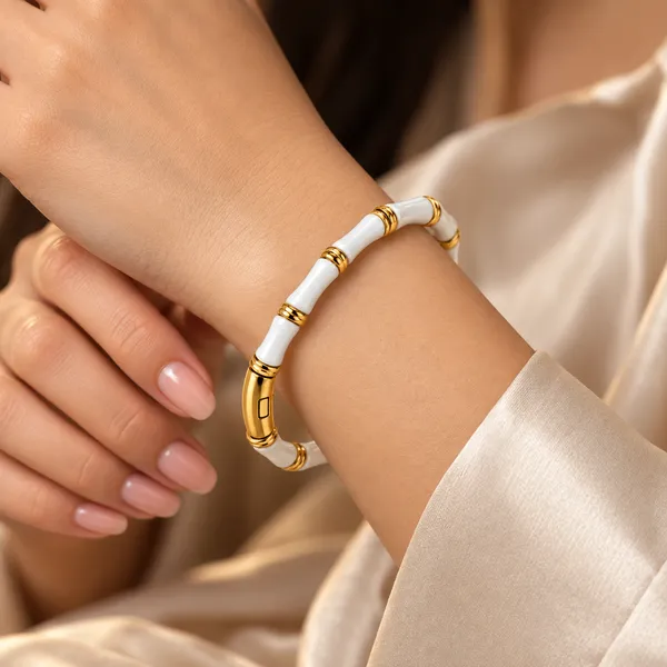 White_Gold-Tone_Ceramic_Cylindrical_Bracelet_For_Women