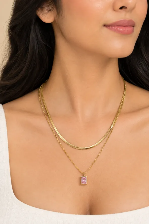 Gold_Stainless_Steel_Pink_Pendant_Layered_Necklace_For_Women
