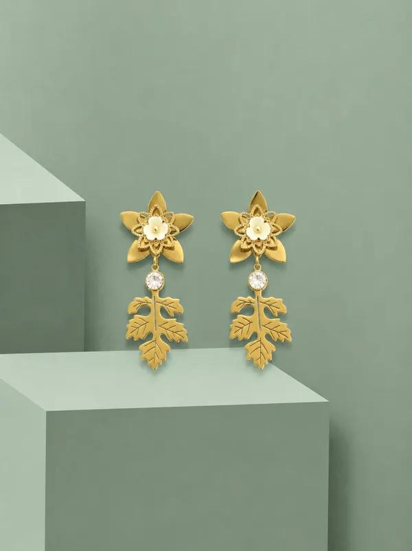 Gold_Tone_Floral_Leaf_Drop_Earrings_For_Women