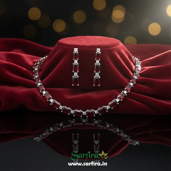 Red_Rectangular_Stone_Silver-Tone_Necklace_And_Earrings_Set_For_Women