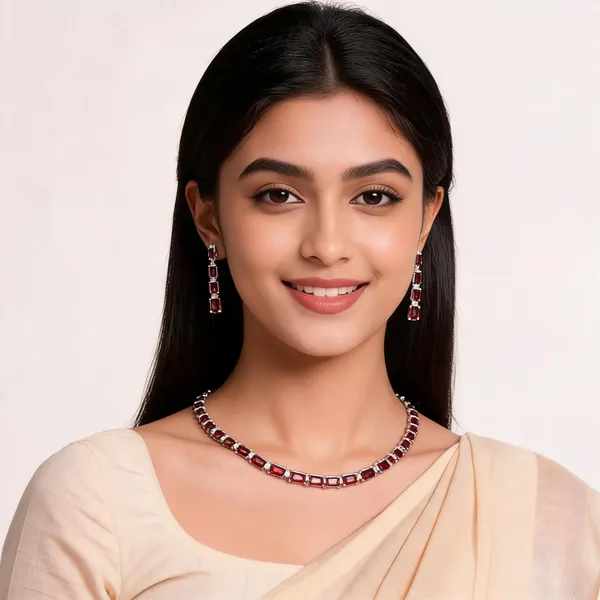 Red_Rectangular_Stone_Silver-Tone_Necklace_And_Earrings_Set_For_Women