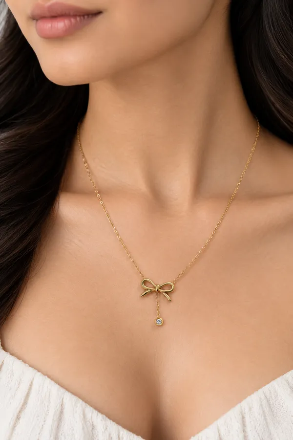 Gold_Tone_Bow_Pendant_Necklace_For_Women